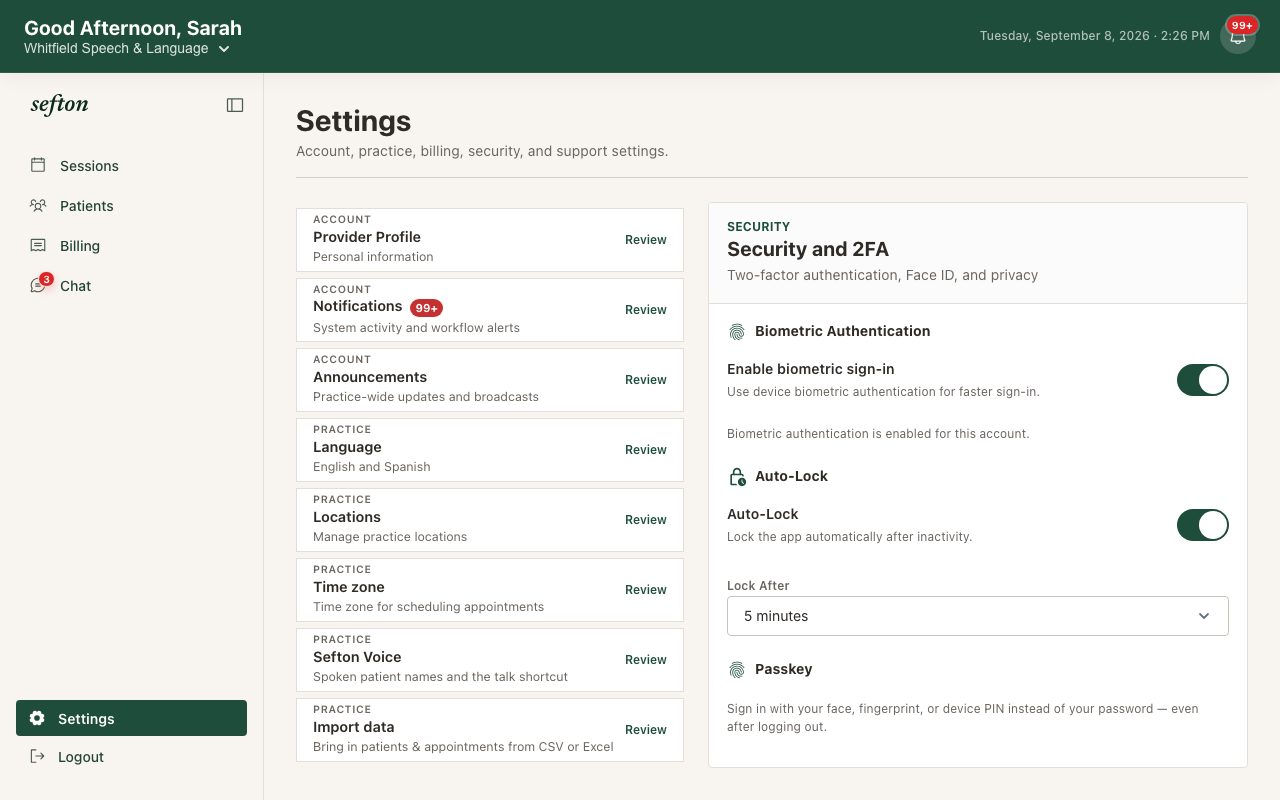 The Security Controls page with 2FA status and the setup button.