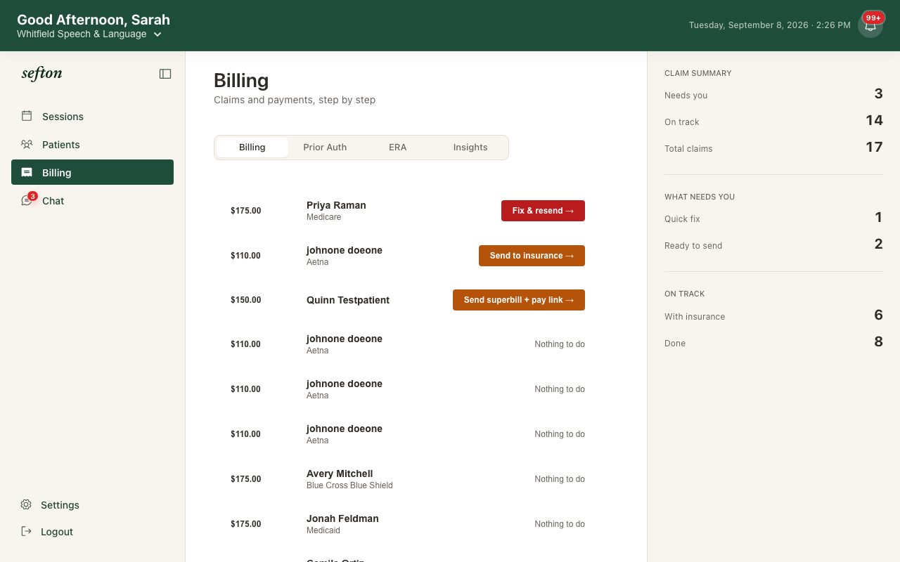 The Billing workspace with claims grouped by lifecycle phase and the work queues.