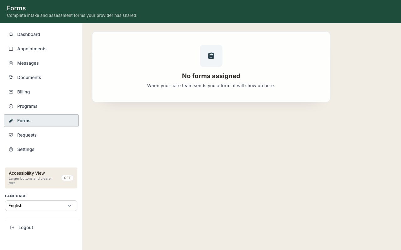 An intake form in the portal with short answer and multiple choice questions.