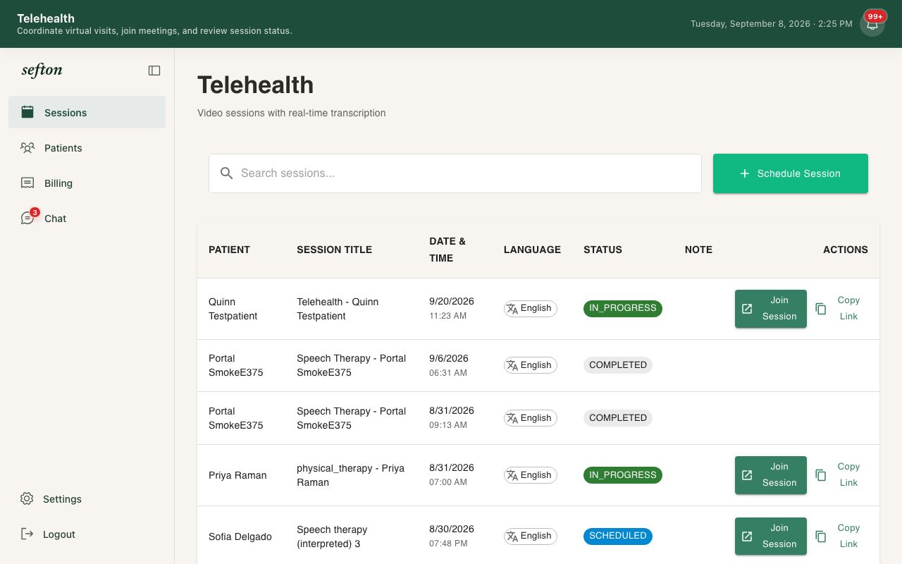 The telehealth lobby with the camera preview, device pickers, and the English or Spanish session choice.