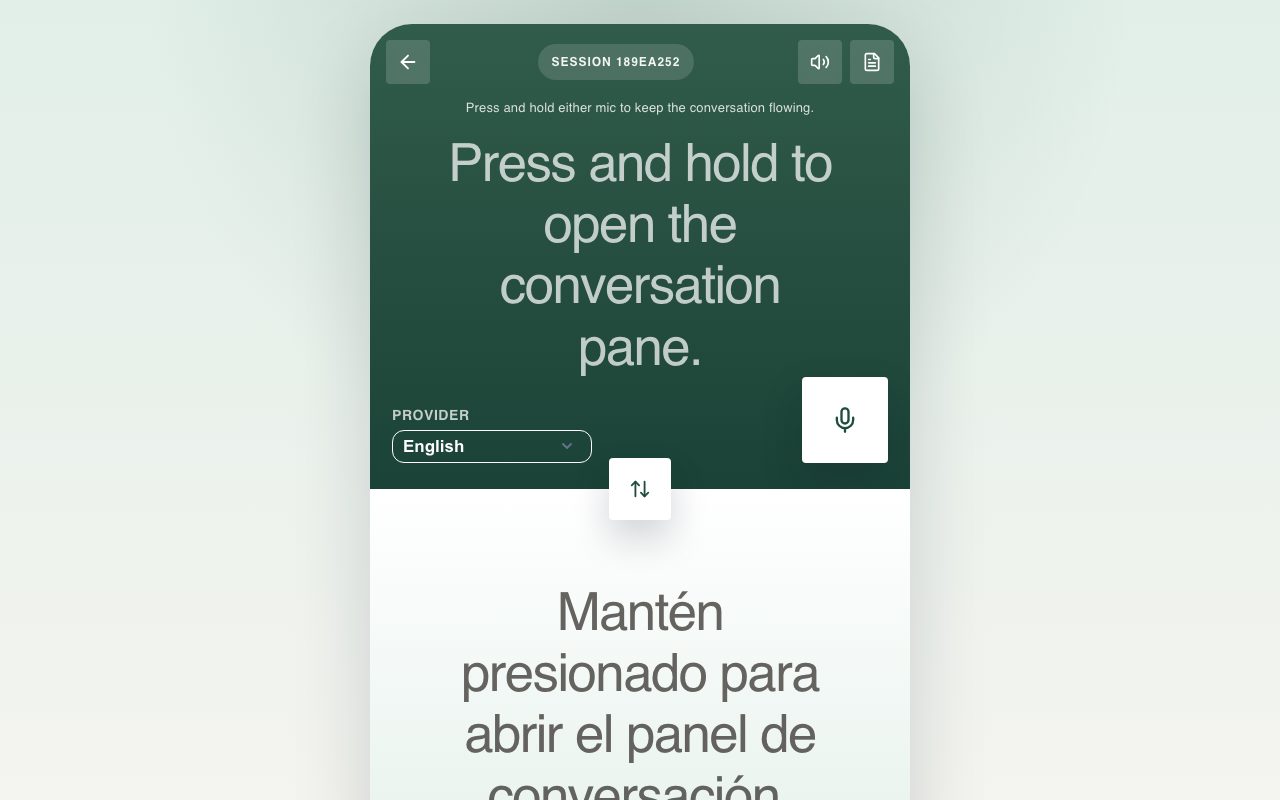 Conversation mode split into a provider side and a patient side with a transcript on each.