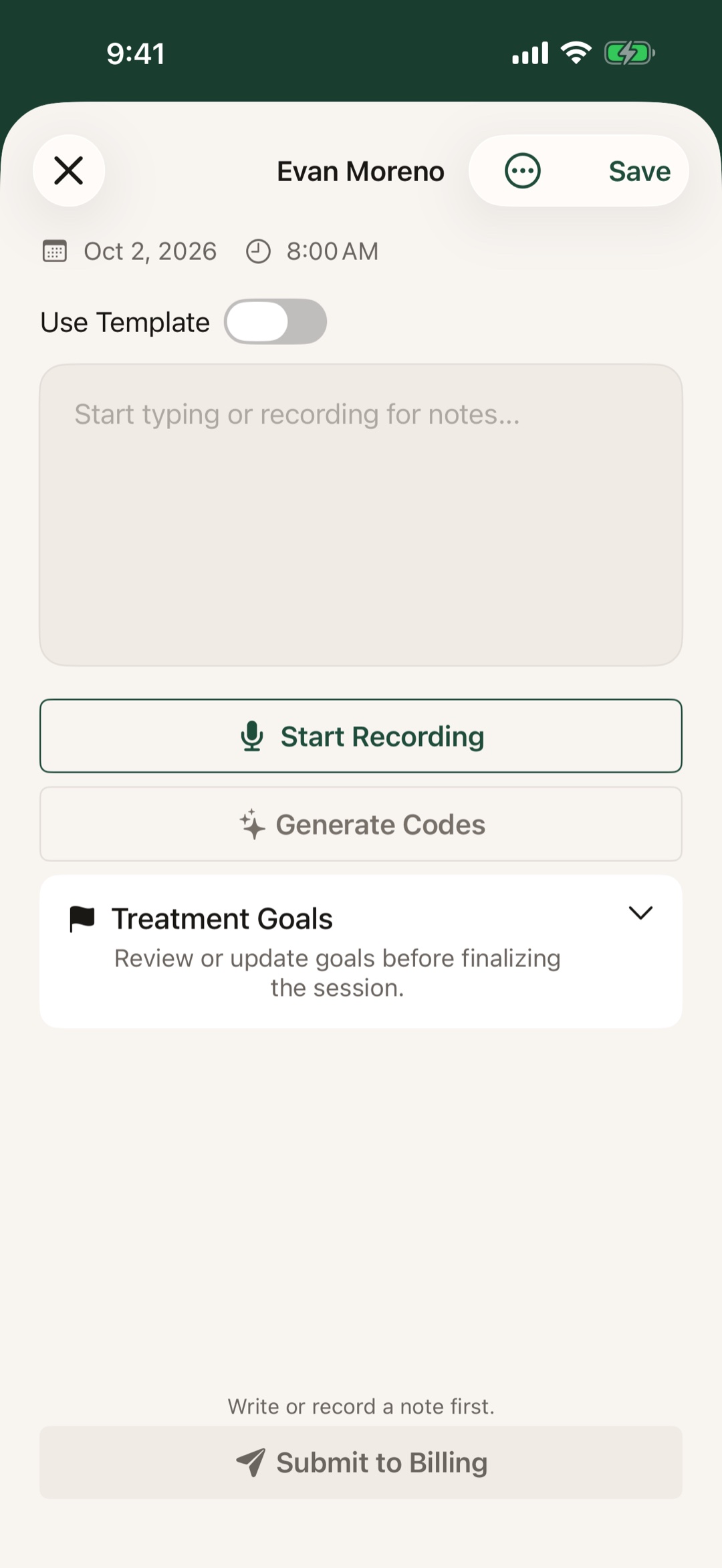 A session note in the Sefton app: start recording, generate codes, treatment goals, submit to billing.