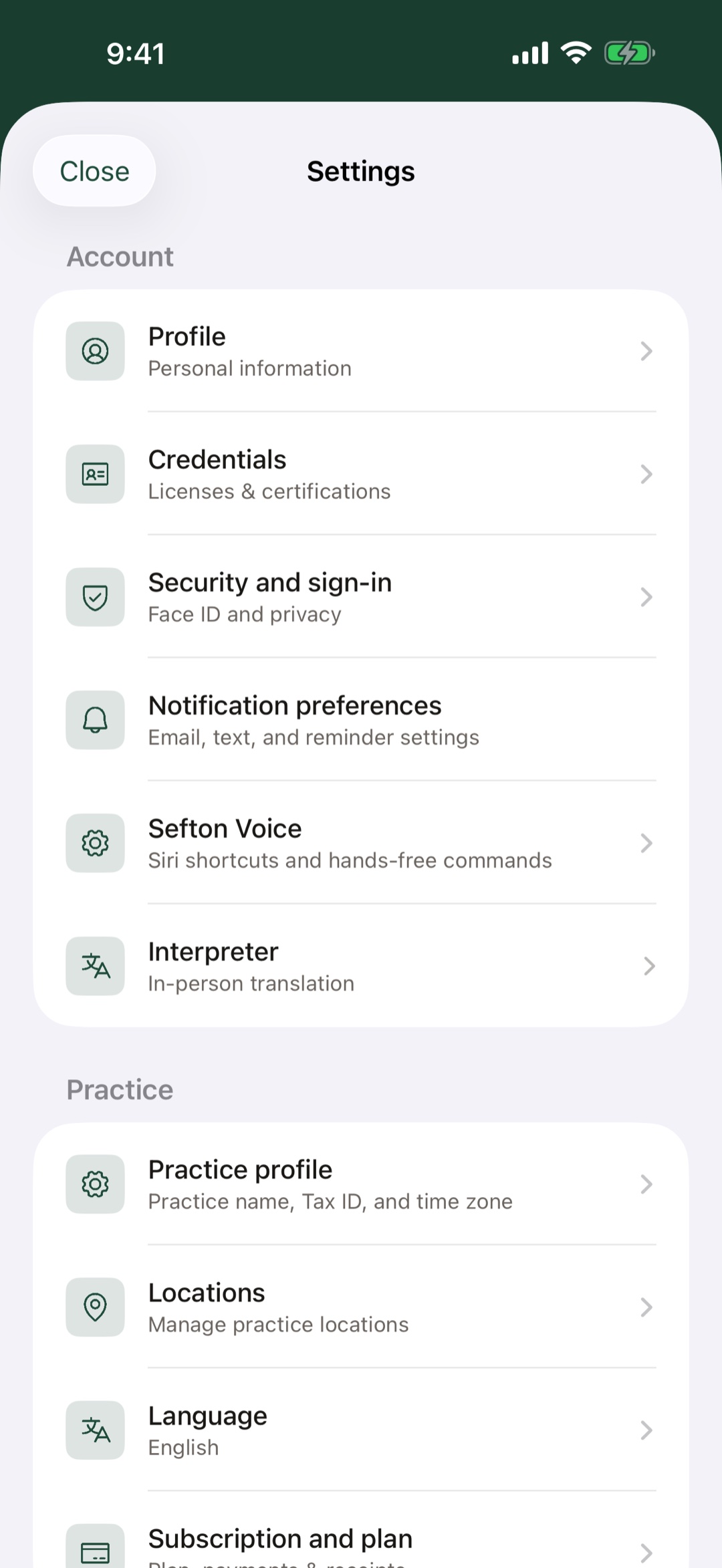The Settings screen of the Sefton app: profile, notifications, interpreter, credentials, locations, import data, language.
